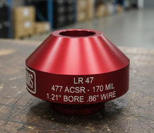 Load image into Gallery viewer, A red-colored end stripping head tool with 'LR47 477 ACSR - 170 Mil' inscribed on its side, indicating its use for 477 ACSR conductors with a 170-millimeter bore.