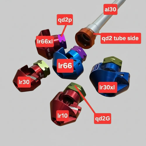 Colorful mechanical components on a wooden surface with labels indicating specifications.