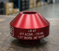 A red-colored end stripping head tool with 'LR47 477 ACSR - 170 Mil' inscribed on its side, indicating its use for 477 ACSR conductors with a 170-millimeter bore.